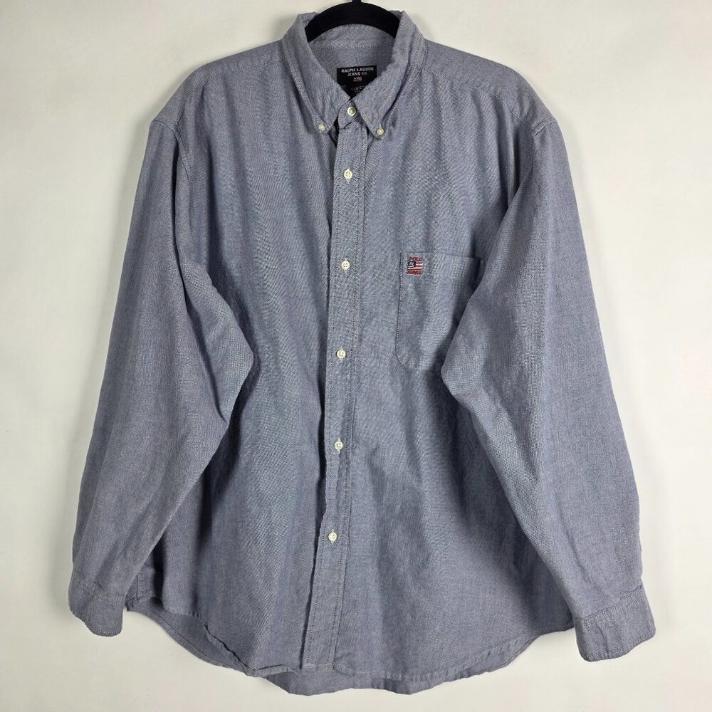Ralph Lauren Jeans Co 100% Cotton Mens Large Long Sleeve Blue Button Shirt - Picture 1 of 5